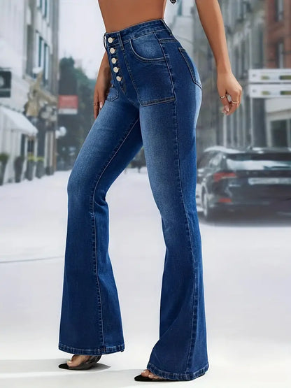 High Waisted Flared Denim Jeans with Button Pockets