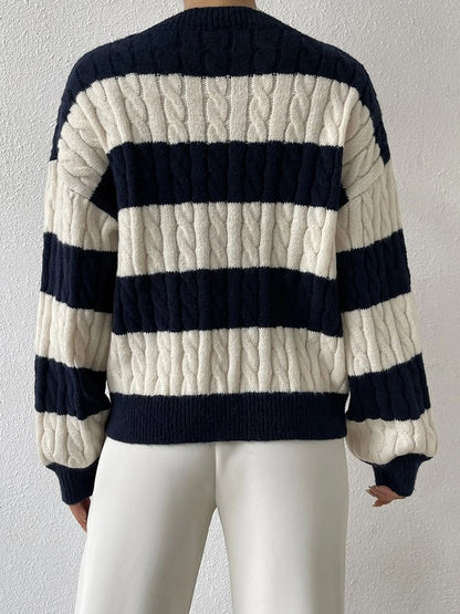 Color-Blocked Loose V-Neck Knitted Sweater for Women