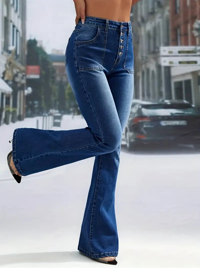 High Waisted Flared Denim Jeans with Button Pockets