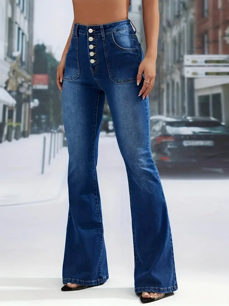 High Waisted Flared Denim Jeans with Button Pockets