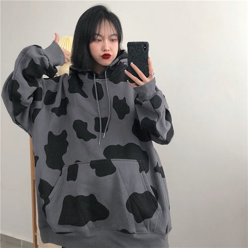 Oversized Cow Print Fleece Hoodie