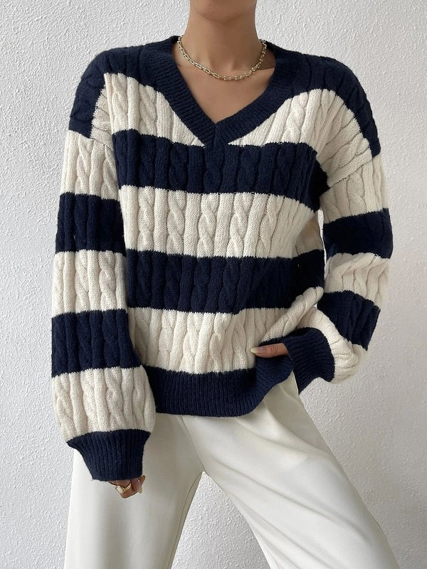 Color-Blocked Loose V-Neck Knitted Sweater for Women