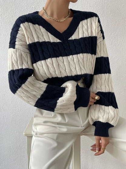 Color-Blocked Loose V-Neck Knitted Sweater for Women