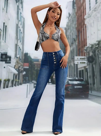 High Waisted Flared Denim Jeans with Button Pockets