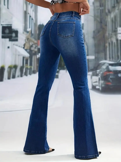 High Waisted Flared Denim Jeans with Button Pockets